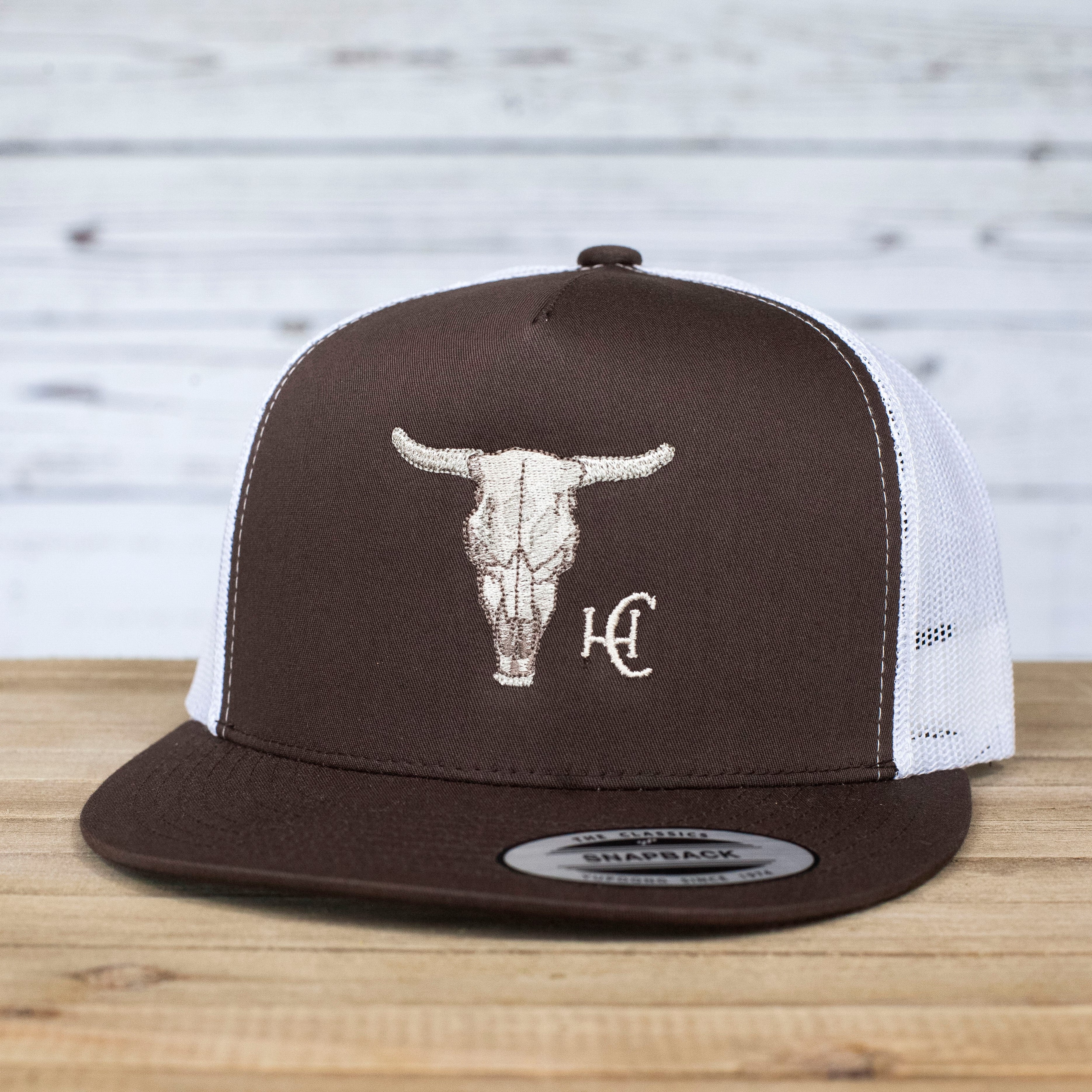 Cow Skull Pre-Curved Hat, Trucker Hat | Brown/White | High Cotton Hat Co